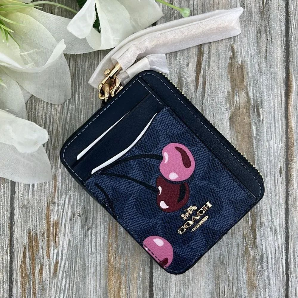 Coach Zip Card Case In Signature Canvas With Cherry Print Wallet Bag Purse